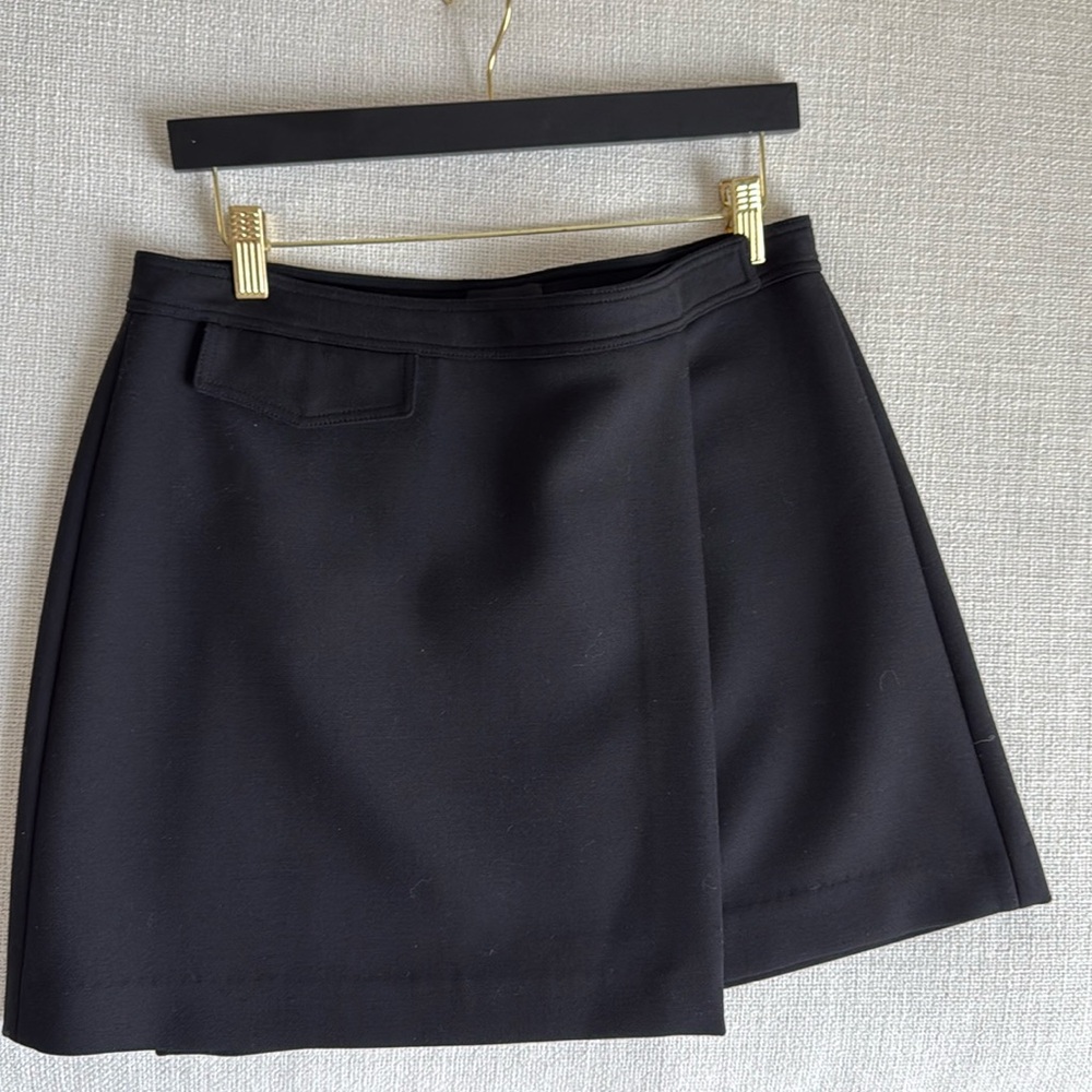 Theory x Revolve Canton Snap Bi-Stretch Wool Blend Black Wrap Mini Skirt 10